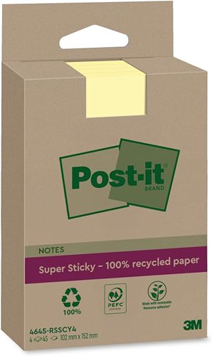 Post-it Super Sticky Notes 100% Recycled Canary Yellow Lined 102x152mm 45 Sheets per Pad (Pack 4) - 7100321347