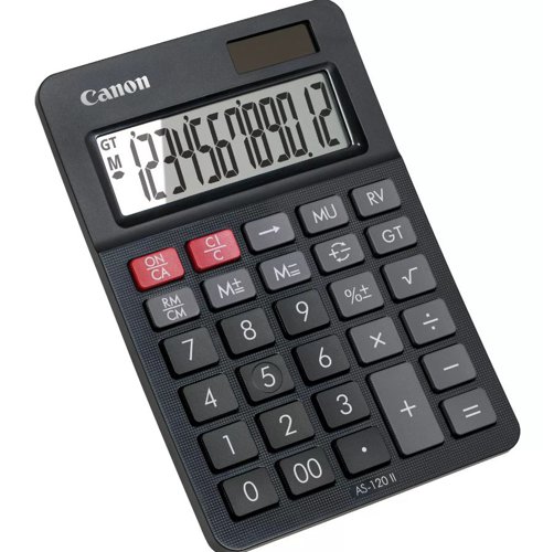 The Canon AS-120 II Desktop Calculator has a 12 digit upright angled display. It also supports mark-up and reverse functions. The impressive grand total memory function means your complex calculations are made easy by saving up the subtotals after each calculation and computing the accumulated totals with a single touch. Some parts of the AS-120 II calculator have been manufactured from recycled Canon product material.