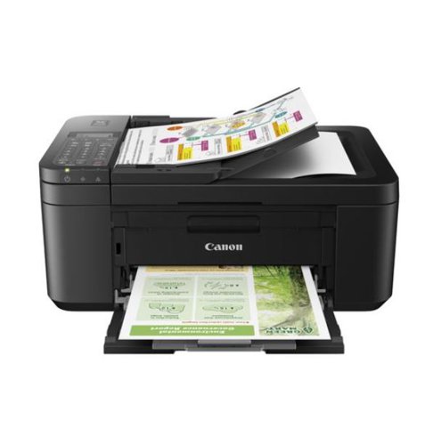 The Canon PIXMA TR4750i model prints, scans, copies and faxes, the perfect home office printer. Set-up is fast via the smartphone app. Control this multifunction printer from smart devices, thanks to Wi-Fi connectivity and the Canon PRINT app. App-free printing with Mopria and Apple AirPrint is also built in. Pigment black ink and dye colour inks deliver crisp text, vibrant images and quality printing, with diverse media support. Features a print speed of up to 8.8 ipm (mono) and 4.4 ipm (colour) with a 4800 x 1200 dpi print resolution. A copy speed of approx. 2.7 ipm (colour), 6.4 ipm (black). Copy zoom 25 - 400% and up to 99 multiple copes (max). The CIS flatbed (ADF/Platen) colour scanner provides a resolution of up to 600 x 1200 dpi. Can scan documents up to 216 x 297mm Platen, and 216 x 356mm ADF. With a scanning depth (input/output) colour RGB each 16bit/8bit and Greyscale 16bit/8bit. Includes a Super G3/colour fax, with a fax memory of up to 50 pages, coded speed dialing of a maximum of 20 locations, and group dialing for a maximum of 19 locations. Connectivity interface: Hi-Speed USB (B Port), Wi-Fi IEEE802.11 b/g/n, Wi-Fi Security: WPA-PSK, WPA2-PSK, WEP, Administration password, Wireless LAN Frequency Band: 2.4GHz. Print applications and methods: Canon PRINT Inkjet/SELPHY app, Easy-PhotoPrint Editor app. Printer features: Easy-PhotoPrint Editor Software, Easy Layout Editor Software (windows only), Canon Inkjet Smart Connect Software (Windows 10 only), Creative Park app, PIXMA Cloud Link, Canon Print Service Plugin (Android), Apple AirPrint, Wireless Direct, Mopria (Android). Auto 2-sided printing and an automatic document feeder (ADF) technology offering the capability to scan or copy up to 20 pages at a time. A front paper tray with capacity for 100 sheets (A4). With an Auto on/off power saving feature. User-friendly features include easily replaceable ink cartridges, improved paper loading, automatic two-sided printing and 20-sheet ADF for copying and scanning multiple page documents. Plus, a document removal reminder means you never forget sensitive documents you've copied or scanned with your printer. This printer is compatible with the PIXMA Print Plan, a monthly subscription for inks based on pages printed. Controlled via mono LCD screen. Supplied with in-box FINE ink cartridges.