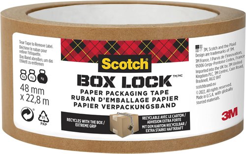 Scotch® Box Lock™ Paper Packaging Tape, 48 mm x 22.8 m, 1 Roll/Pack