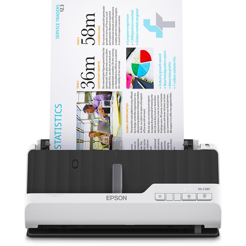 The Epson DS-C330W is a compact A4 scanner with a small footprint while in use, versatile media handling and low power consumption. The scanners U-turn path position allows paper to be scanned without adding to the footprint of the device. Switch to straight path mode to scan passports and booklets up to 5mm thick. Paper protection technology ensures that the original documents remain pristine. With a low power consumption, it also has a lower environmental impact.
