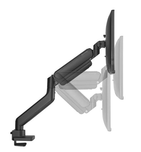 NEO44946 | This desk mount with full motion for one flat screen up to 42 inches with a maximum weight capacity of 15kg. The versatile tilt (90), rotate (360) and swivel (180) technology allows the mount to change to any viewing angle to fully benefit from the capabilities of the screen. Additionally, the mount has gas spring height adjustment (261-550mm) and depth adjustment (5.1-514mm), to create the perfect working position. The 180 stop mechanism, that allows you to safely adjust the mount even when it's placed close to a wall or separation panel without making contact. The smart cable management system ensures orderly routing of the cables. Suitable for screens that meet VESA hole pattern 75x75 or 100x100mm. Unused hole patterns can be covered using one of Neomounts VESA adapter plates. The desk mount is equipped with a quick-release VESA system and comes with both a topfix clamp and grommet for quick and easy installation. The inner packaging of the desk mount is plastic free and made from cardboard and paper.