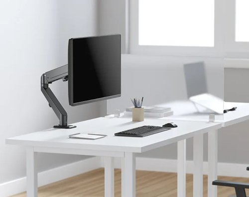 This desk mount with full motion for one flat screen up to 27 inches with a maximum weight capacity of 7kg. The versatile tilt (135), rotate (360) and swivel (180) technology allows the mount to change to any viewing angle to fully benefit from the capabilities of your screen. Additionally, the mount features gas spring height adjustment (152-402mm) and depth adjustment (0-48mm), to create the perfect working position. Suitable for screens that meet VESA hole pattern 75x75 or 100x100mm. Unused hole patterns can be covered using one of Neomounts VESA adapter plates.