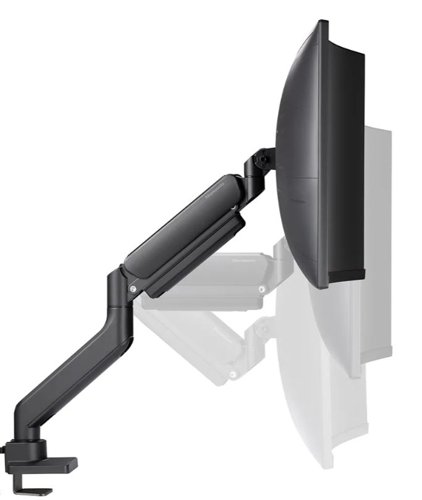 This desk mount with full motion for curved ultra-wide screens up to 49 inches. The mount features a strengthened head specifically designed for curved ultra-wide screens and to support a higher maximum weight up to 18kg (curved 14kg). The versatile tilt (90), rotate (360) and swivel (180) technology allows the mount to change to any viewing angle to fully benefit from the capabilities of the screen. Additionally, the mount has gas spring height adjustment (261-550mm) and depth adjustment (54-497mm), to create the perfect working position. Features the 180 stop mechanism, that allows you to safely adjust the mount even when it's placed close to a wall or separation panel without making contact with the wall. The smart cable management system ensures orderly routing of the cables. Suitable for screens that meet VESA hole pattern 75x75 or 100x100mm. For non-standard hole patterns, Neomounts has various VESA optional adapter plates available. The desk mount is equipped with an Quick-release VESA system and comes with both a topfix clamp and grommet for quick and easy installation. The packaging is 100% plastic free and entirely made from cardboard and paper.