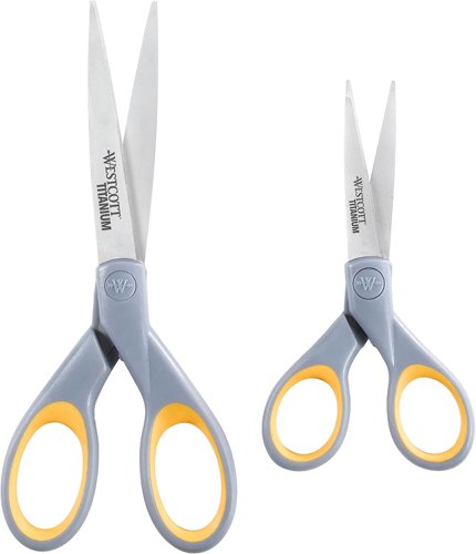 These Titanium Nitride bonded soft grip scissors are distinguished by their titanium nitride coating which resists the stickiness of tape and glue. The stainless steel blades guarantee a precise cut and the ergonomic shaped soft grip handles with soft inner rings offer comfortable and precise cutting. This pack contains two pair of scissors (130mm and 180mm).
