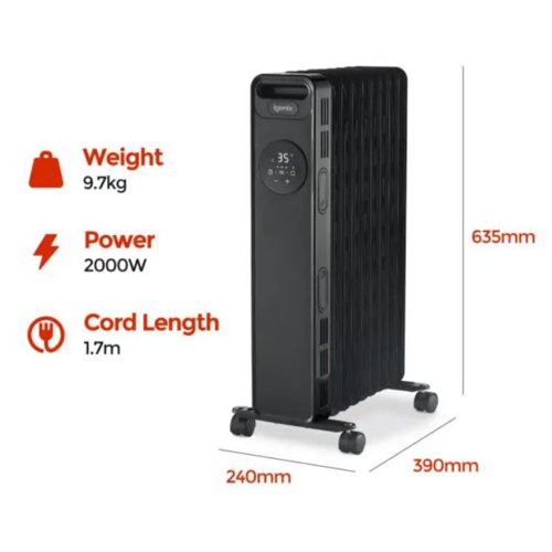 PIK08091 | The Igenix IG2621BL is a digital oil filled radiator with 2000W of power so you can keep out the cold this winter with instant heat. Save on central heating by using a portable oil filled radiator to warm up a room in a matter of minutes. The radiator has a host of features such as a digital LED control panel and remote control to easily adjust the heat, rolling castors for easy manoeuvrability around your home and a heat resistant housing to make it safe for children and pets. Adjust the radiator to make your room the perfect temperature with 3 adjustable heat settings. To make sure you can operate the radiator safely it has overheat protection and a tip over switch that will stop it overheating and automatically cut off if tipped over so you can switch on the radiator and leave it in the room to heat up without worrying.