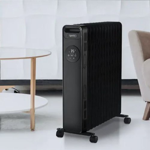 PIK08094 | The Igenix IG2626BL is a digital oil filled radiator with 2500W of power so you can keep out the cold this winter with instant heat. Save on central heating by using a portable oil filled radiator to warm up a room in a matter of minutes. The radiator has a host of features such as a digital LED control panel and remote control to easily adjust the heat, rolling castors for easy manoeuvrability around your home and a heat resistant housing to make it safe for children and pets. Adjust the radiator to make your room the perfect temperature with 3 adjustable heat settings. To make sure you can operate the radiator safely it has overheat protection and a tip over switch that will stop it overheating and automatically cut off if tipped over so you can switch on the radiator and leave it in the room to heat up without worrying.