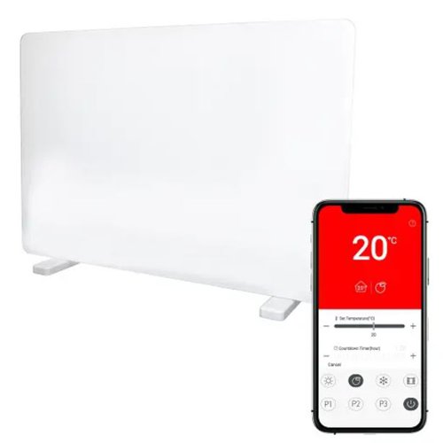 PIK08283 | Igenix 2000W Smart Glass Panel Heater with LED display and touch control panel that is tucked away neatly on the top of the panel heater, lets you easily see and modify which mode is selected, as well as turn the heater on or off. Wi-Fi functionality gives you extra freedom, allowing you to control via the Smartlife app on your mobile device and even use voice commands when connected to Amazon Alexa or Google Assistant. The ability to set a daily and weekly heating schedule means that the heater will automatically switch on and off at the times you specify, so you can make sure the room is already heated when you get home, or switch off the heater throughout the night. Built-in safety functions like overheat protection, thermostatic cut off, and a waterproof rating of IP24 give you peace of mind in case accidents happen. This heater gives you the option to mount it to the wall with the brackets provided, or simply attach the feet and set down in whichever room you need heating.