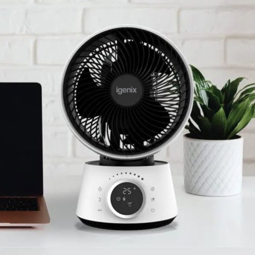 PIK09213 | The Igenix 9 Inch Air Circulator Turbo Fan has multi-directional auto oscillation for optimal air circulation, 32 wind speed settings and 3 wind modes (normal, natural and sleep), the ideal addition to your home. The fan can boost the effect of your heating or air conditioning system, without needing to turn up the heating or cooling output. With its turbo technology and strong air circulation the fan disperses the cold or warm air evenly and provides more distribution of air in all corners of the room. While standard fans are designed to provide direct cooling, the IGFD4009W provides direct and powerful cooling to the entire room, and with a few drops of essential oil on the diffusing pad, the cool air can be scented too.
