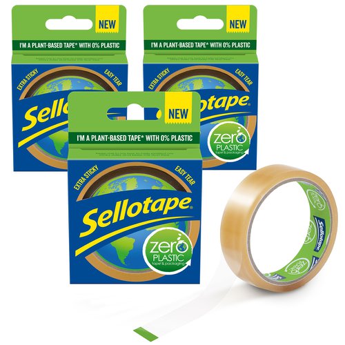 Sellotape Zero Plastic Plant Based Easy Tear Extra Sticky Tape Clear 24mm x 30m - Buy 2 Get 1 Free - 2635499 X3