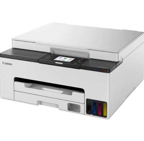 Produce durable business-quality documents in your small office or home office with this full front operation multi-function MegaTank printer. Canon MAXIFY GX1050 fits easily in any space due to its compact and user-friendly design. Benefit from fast print speeds and high yields thanks to its four individually refillable ink tanks and affordable ink bottle replacements. This printer is a 3-in-1 printer which can print, copy and scan. Keep your most important data safe with simple, easy-to-navigate security settings that can be tailored to your environment. With a print speed of up to 15 ipm (mono), 10 ipm (colour), copy speed of 9.1 ipm (colour). Print resolution up to 600 x 1200 dpi. Auto 2-sided printing (A4, Letter - plain paper/cassette only). 250 sheet front cassette. Connectivity via USB, dual band Wi-Fi and Ethernet. Mobile connectivity: Canon PRINT app, Easy-PhotoPrint Editor app, Creative Park app. Printer features: Easy-PhotoPrint Editor Software, Cloud Link, Canon Print Service Plugin and Mopria (Android), Apple AirPrint, Wireless Direct, PosterArtist Web, Easy Layout Editor. Flatbed (Platen) CIS colour scanner, with optical resolution of 1,200 x 2,400 dpi. All operated via a 6.7cm colour touchscreen. Supplied with 4 high yield ink bottles (1x Black and 1 x Cyan, Magenta and Yellow).