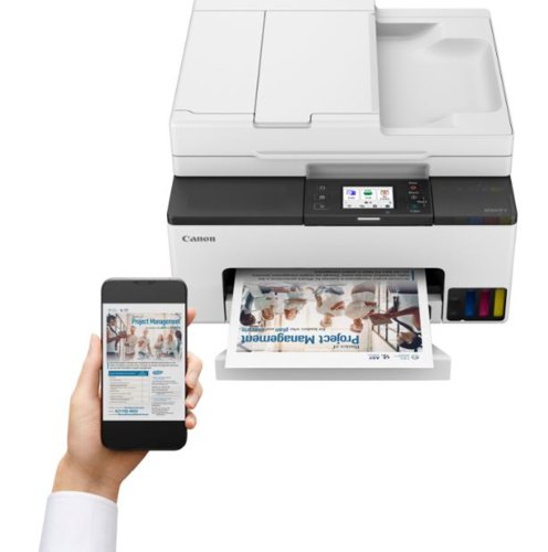Produce durable business-quality documents in your small office or home office with this full front operation multi-function MegaTank printer. Canon MAXIFY GX2050 fits easily in any space due to its compact and user-friendly design. Benefit from fast print speeds and high yields thanks to its four individually refillable ink tanks and affordable ink bottle replacements. This printer is a 4-in-1 printer which can print, copy, scan and fax. Includes a 35 sheet ADF for scanning, copying and faxing multi-page documents. Keep your most important data safe with simple, easy-to-navigate security settings that can be tailored to your environment. With a print speed of up to 15 ipm (mono), 10 ipm (colour), copy speed of 9.1 ipm (colour). Print resolution up to 600 x 1,200 dpi. Auto 2-sided printing (A4, Letter - plain paper/cassette only). 250 sheet front cassette. Connectivity via USB, dual band Wi-Fi and Ethernet. Mobile connectivity: Canon PRINT app, Easy-PhotoPrint Editor app, Creative Park app. Printer features: Easy-PhotoPrint Editor Software, Cloud Link, Canon Print Service Plugin and Mopria (Android), Apple AirPrint, Wireless Direct, PosterArtist Web, Easy Layout Editor. Flatbed (Platen) CIS colour scanner, with optical resolution of 1,200 x 2,400 dpi. Includes a Desktop Transceiver (Super G3/colour communication) fax, with resolution of 300 x 300 dpi mono (Extra fine), 200 x 200 dpi colour, a memory of up to 250 pages, and coded speed dialling of up to 100 locations, and group dialling of up to 99 locations. All operated via a 6.7cm colour touchscreen. Supplied with 4 high yield ink bottles (1x Black and 1 x Cyan, Magenta and Yellow).