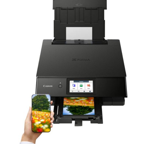 Create crisp documents and vivid photos with this premium home printer, with simple wireless operation. A streamlined Switch UI interface and seamless Wi-Fi set up. The 6-ink printing delivers fast, stunning results for documents, colour photos and more. Canon PIXMA TS8750 is a 3-in1 multi-function printer, offering printing, scanning and copying. Replace only what you need to, with 6 separate ink cartridges, a black pigment ink for sharp documents and five dye inks, including a grey ink for rich colour prints. With a print speed of up to 15.0 ipm (mono), 10.0 ipm (colour). Print resolution up to 4,800 x 1,200 dpi. Auto duplex print (A4, A5, B5, LTR - plain paper). Copy up to 99 multiple copies (max,) and copy zoom of 25 - 400% and fit to page. Rear tray: up to 20 sheets (photo paper), up to 100 sheets (plain paper); Front cassette: up to 100 sheets (plain paper); Multi-purpose tray: 1 printable CD, DVD, or Blue-Ray Disc. With Direct Disc printing. Flatbed (Platen) CIS colour scanner, with optical resolution of 1,400 x 4,800 dpi. Connectivity via Hi-Speed USB, Wi-Fi and Wireless Direct. Mobile connectivity: Canon PRINT app, Easy-PhotoPrint Editor app, Creative Park app. Printer features: Easy-PhotoPrint Editor Software, PIXMA Cloud Link, Canon Print Service Plugin and Mopria (Android), Apple AirPrint, Wireless Direct, PosterArtist Web. Compatible with a wide selection of SD memory cards. All operated via a 10.8cm tilting screen. Supplied with 6 set-up ink tanks.