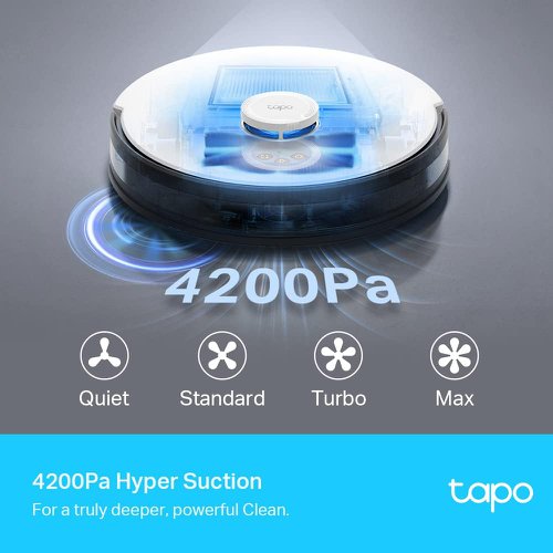 8TP10389664 | Hyper Suction. A Deeper, Powerful Clean.Four vacuum modes with different levels of suction power match various surfaces and dirt. With industry-leading suction power up to 4200Pa, the RV30 is designed for a deeper clean that sweeps away debris sandwiched between gaps and dust hidden in carpets, leaving nothing but a spotless floor.High-Precision Dual Navi SystemA LiDAR and Gyro dual navigation system serves as the brain of the robot and accurately maps out your house in minutes, avoids omissions and repeated cleaning, and even works well in the dark.Vacuum and Mop ComboVacuuming sucks up floating dust and mopping tackles sticky messes. Mopping is essential for homes with hard floors that need regular polishing. With an electronic pump, RV30 provides 3 water flows to suit different floor types with consistent and steady water pressure.5000mAh Energy-Dense BatteryTapo RV30 provides 3 hours of continuous whole home cleaning every full charge. The robot returns to the charging dock automatically when the battery gets low, and then restarts right where it left off.Obstacle Detection and Anti-CollisionCombining precision LiDAR navigation and a full suite of various sensors, Tapo RV30 accurately detects common objects to roam around obstacles, under furniture, and along wall edges, all while avoiding falls down stairs and ledges.Speak to CleanPair with Amazon Alexa or Google Assistant to control the robot with simple voice commands. A series of Alexa custom skills are specially built for users to easily control how and when to start cleaning. Enjoy hands-free living.Child & Pet LockTapo RV30 prevents accidental and inconvenient starts with the child & pet lock. You can deactivate the device’s physical start button to prevent children or pets from accidentally turning the robot on.