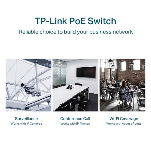 8TP10311366 | The TL-SG1428PE is fully compatible with PoE devices, such as IP cameras, access points, and IP phones. It also works with non-PoE wired devices to provide gigabit connections, such as PCs, printers, and IPTV.Compliance with the 802.3af/at PoE+ standard supports up to 30 W on each PoE port. The total 250 W PoE power budget for the 24x gigabit PoE+ ports makes it has a wide range of applications, such as surveillance, offices, dormitories, and small businesses. It is fully compatible with IP cameras, access points, IP phones, computers, printers, etc.TL-SG1428PE offers network monitoring for users to observe traffic behaviour. Through its web-based user interface and management utility, the TL-SG1428PE offers a variety of useful features, including network monitoring, traffic prioritization, and enhanced QoS.Durable metal casing and professional heat dissipation design ensure the wide operating temperature (0–50?) with reliability.