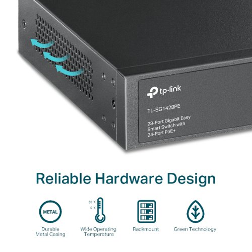 8TP10311366 | The TL-SG1428PE is fully compatible with PoE devices, such as IP cameras, access points, and IP phones. It also works with non-PoE wired devices to provide gigabit connections, such as PCs, printers, and IPTV.Compliance with the 802.3af/at PoE+ standard supports up to 30 W on each PoE port. The total 250 W PoE power budget for the 24x gigabit PoE+ ports makes it has a wide range of applications, such as surveillance, offices, dormitories, and small businesses. It is fully compatible with IP cameras, access points, IP phones, computers, printers, etc.TL-SG1428PE offers network monitoring for users to observe traffic behaviour. Through its web-based user interface and management utility, the TL-SG1428PE offers a variety of useful features, including network monitoring, traffic prioritization, and enhanced QoS.Durable metal casing and professional heat dissipation design ensure the wide operating temperature (0–50?) with reliability.