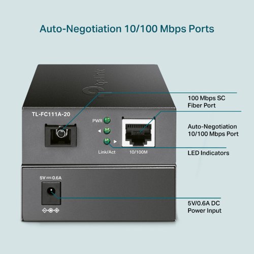 8TP10312466 | TL-FC111A-20 is a 100M media converter, providing a 100M RJ-45 port and a 100M SC fibre port, which can convert between electrical and optical signals. Long-distance data transmission through optical fibre can be applied to commercial scenarios such as park security monitoring and wireless networking.