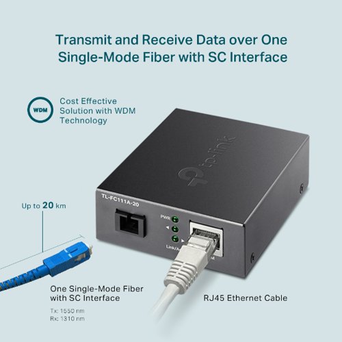 8TP10312466 | TL-FC111A-20 is a 100M media converter, providing a 100M RJ-45 port and a 100M SC fibre port, which can convert between electrical and optical signals. Long-distance data transmission through optical fibre can be applied to commercial scenarios such as park security monitoring and wireless networking.