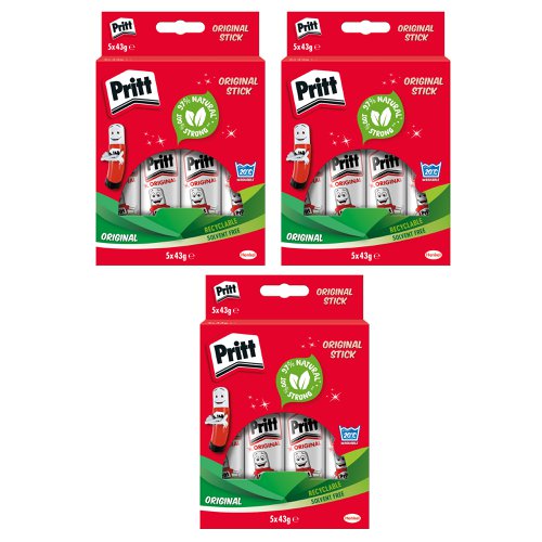Pritt Original Glue Stick Sustainable Long Lasting Strong Adhesive Solvent Free Value Pack 43g (Pack 5) - Buy 2 Get 1 Free - 1456072 X3