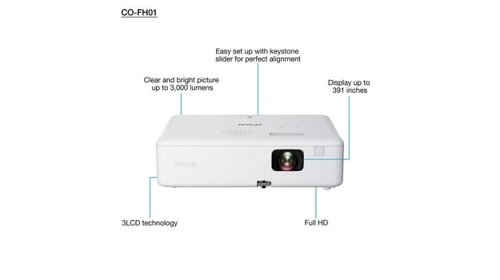 Feel immersed in your favourite movies and games with this Full HD 1080p projector, that’s capable of creating an impressive 391 inch display. Bringing the screen to life, 3LCD technology achieves a display that is up to three times brighter than competitor products.Epson don't think a home projector should be any more complicated to use than a TV. That's why this projector is hassle-free and quick to set up with features such as keystone correction to help quickly position the image. Accessing your entertainment is easy too with the HDMI input for connecting games consoles and more. Best of all, these projectors are super easy to use, letting you watch, play, and do everything you love, only bigger and better.Looking for a long-term, hassle-free and affordable solution for watching your favourite movies? With this model's long-lasting lamp light source, you'll be able to watch a film every day for 18 years.Even in bright rooms, this powerful yet affordable Full HD 1080p projector delivers exceptionally bright yet colourful images with clear details. It's all thanks to 3LCD technology, which produces an equally high White and Colour Light Output of 3,000 lumens.