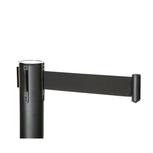 24947SS | Retractable Crowd Control Barrier Posts - high quality black retractable post stand with 2m black tape.With built in tape systems which extend to 2 metres, our post systems are great value for your business.The posts are 1 metre tall, and have anti-slip bases, but are heavy duty units.Each post has a 2 metre black retractable webbing, which can be connected four ways to each post. It’s ideal for enclosing sections or areas off.