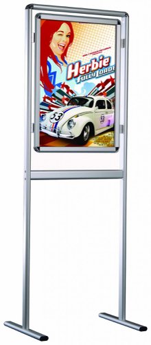 24821SS | A modern, free standing, snap shut poster frame for quick poster swaps.Single sided display, accommodates A1 size designs.Silver anodised aluminium.Double sided version also available.