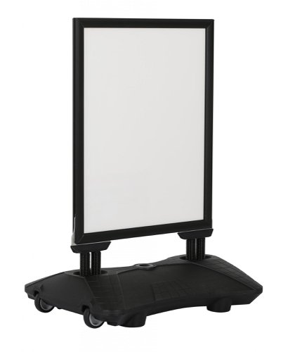The Wind Pro snap frame forecourt sign has thick PVC covers and a large snap frame extrusion for strong poster hold.Safety corners are built into the frame and  4 large springs provide movement of the main panel.The sign has a large waterfill base for stability and in-built wheels for easy movement.Waterproof for outdoor use.Display size is A1.