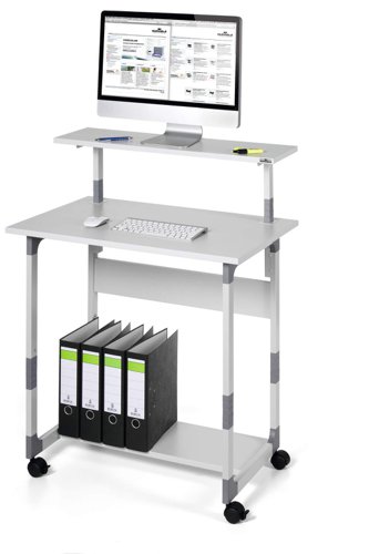 25255DR | Mobile computer trolley with height-adjustable monitor and keyboard shelves. Bottom shelf provides additional storage.