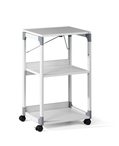 Mobile media trolley for the use of projectors. Versatile use thanks to adjustable middle shelf (32 mm distance) and the option to adjust the tilt angle of the upper shelf for projectors or fold it out 180° to use an overhead projector. Flexibility provided by 4 castors, 2 with brakes