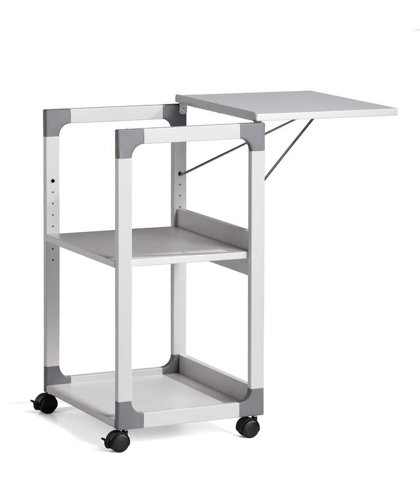 Mobile media trolley for the use of projectors. Versatile use thanks to adjustable middle shelf (32 mm distance) and the option to adjust the tilt angle of the upper shelf for projectors or fold it out 180° to use an overhead projector. Flexibility provided by 4 castors, 2 with brakes