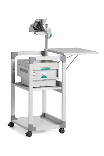 Mobile media trolley for the use of projectors. Versatile use thanks to adjustable middle shelf (32 mm distance) and the option to adjust the tilt angle of the upper shelf for projectors or fold it out 180° to use an overhead projector. Flexibility provided by 4 castors, 2 with brakes