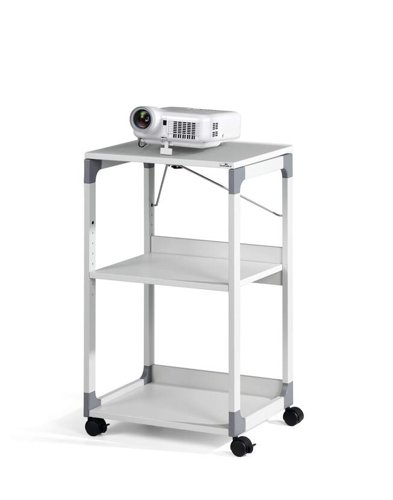 Mobile media trolley for the use of projectors. Versatile use thanks to adjustable middle shelf (32 mm distance) and the option to adjust the tilt angle of the upper shelf for projectors or fold it out 180° to use an overhead projector. Flexibility provided by 4 castors, 2 with brakes