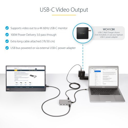 This USB Type-C Hub with USB-C DP Alt Mode Output and 100W USB Power Delivery pass-through adds four USB 3.2 Gen 2 (10Gbps) ports (3x USB-A, 1x USB-C) to a USB-C enabled computer. The Hub supports USB-C DP Alt mode on the downstream USB-C port, enabling the connection of USB-C portable monitors or desktop monitors. Connect the USB hub to a USB-C port on a laptop, using the built-in 1ft (30cm) USB-C host cable. Charge a host laptop by connecting the host laptop's USB-C power supply to the USB Power Delivery (PD) 3.0 port. Backward compatibility with USB 2.0 (480Mbps) devices ensures support for a wide range of modern and legacy USB peripherals.USB-C DP Alt Mode Video OutputThe downstream USB-C port on this USB hub supports both 10Gbps data transfers and USB-C DP Alt Mode, with support for resolutions up to 4K 60Hz. This enables users to connect either a USB data peripheral or a USB-C portable or desktop monitor. The USB-C port outputs 12W (5V/2.4A) of power to support portable USB-C monitors, or power and charge other USB peripherals. This integration is particularly valuable for enhancing productivity in professional settings and delivering either video or USB 10Gbps performance, depending upon user needs.USB Power Delivery Pass-ThroughThis USB hub features USB Power Delivery 3.0 pass-through (up to 100W). Connect a power source to the PD pass-through port to power the host, the hub, and an external display, and to enable full charging capabilities for the USB peripheral ports. PD 3.0 features Fast Role Swap (FRS) to prevent USB data disruption when switching power sources (USB-C power adapter to bus power).Power the hub using a USB-C power adapter connected or with bus-powered alone. The hub requires up to 18W of power. This power is dynamically shared across the downstream ports. For added protection to this USB hub and the connected host device, the USB hub features Overcurrent Protection (OCP). OCP prevents faulty USB peripherals from drawing more power than is safely allocated.Plug and PlayThis device is compatible with all major operating systems, including Windows, macOS, ChromeOS, iPadOS, and Android. The Hub is automatically detected, configured, and installed upon connection to a host computer. This USB Type-C Hub with USB-C DP Alt Mode Output and 100W USB Power Delivery pass-through adds four USB 3.2 Gen 2 (10Gbps) ports (3x USB-A, 1x USB-C) to a USB-C enabled computer. The Hub supports USB-C DP Alt mode on the downstream USB-C port, enabling the connection of USB-C portable monitors or desktop monitors. Connect the USB hub to a USB-C port on a laptop, using the built-in 1ft (30cm) USB-C host cable. Charge a host laptop by connecting the host laptop's USB-C power supply to the USB Power Delivery (PD) 3.0 port. Backward compatibility with USB 2.0 (480Mbps) devices ensures support for a wide range of modern and legacy USB peripherals.USB-C DP Alt Mode Video OutputThe downstream USB-C port on this USB hub supports both 10Gbps data transfers and USB-C DP Alt Mode, with support for resolutions up to 4K 60Hz. This enables users to connect either a USB data peripheral or a USB-C portable or desktop monitor. The USB-C port outputs 12W (5V/2.4A) of power to support portable USB-C monitors, or power and charge other USB peripherals. This integration is particularly valuable for enhancing productivity in professional settings and delivering either video or USB 10Gbps performance, depending upon user needs.