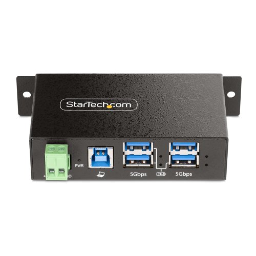 8ST10422913 | This 4-port Managed Industrial USB 3.2 Gen 1 (5Gbps) Hub enables users to toggle individual USB ports on/off and to reboot the hub, using the USB Hub Administrator Software (free to download). With robust housing and versatile power input options, the USB Hub is designed to cater to the needs of IT Professionals working in industrial settings such as factories, warehouses, offices, and other similar environments.Managed USB HubThe USB Hub Administrator Software is to be installed on the host computer, enabling users to remotely control device access and manage operational features. With this software, users can:Enable or disable individual or all ports on the USB Hub.Reboot the USB Hub.Set a password to restrict unauthorized access.Save port states for quick setup in specific applications.Utilize Command Line Interface (CLI) commands for command-line operation or custom application development.The software is compatible with Windows, macOS, and Linux, making it versatile across various platforms. It supports an unlimited number of Managed USB Hubs, allowing users to connect multiple Hubs to a single host computer or cascade them in sequence.Rugged and ReliableThe Industrial USB Hub features a rugged heavy-duty metal enclosure designed to shield the hub from potential damage caused by accidental drops or sudden impacts. Moreover, it protects against Electrostatic Discharge (ESD) with 15kV air and 8kV contact Level-4 ESD protection. This robust construction ensures resiliency in demanding industrial environments, providing peace of mind for users in situations where durability and reliability are paramount.Power FlexibilityThe USB Hub offers power flexibility to cater to diverse user needs. It features a terminal block power input that supports a wide voltage range from +7 to 48 volts DC, ensuring compatibility with various power sources. With an external power source connected, the USB Hub supports USB battery charging specification 1.2, delivering up to 1.5A (7.5W) on 3 of the downstream ports, so you can power and quickly charge external devices.For optimal performance an external power source is required. StarTech.com offers an external power adapter (Part Number: ITB20D3250, sold separately) that will enable the USB Hub to operate at maximum performance.Mounting OptionsThe USB Hub is thoughtfully designed for user convenience and adaptability. Equipped with built-in mounting brackets, installation is simplified. The hub may be mounted to a variety of surfaces such as walls or desks. The DIN rail bracket ensures secure mounting in industrial environments.High-PerformanceThe rugged USB Hub supports SuperSpeed USB 3.2 Gen 1 (5Gbps) and maintains backward compatibility with legacy peripheral devices. Additionally, the USB Hub offers enhanced security through the USB Event Monitor utility, a feature within the StarTech.com Connectivity Tools application. This utility logs and timestamps USB port usage, empowering IT administrators to identify potentially malicious devices.