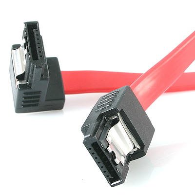 This right angled latching SATA cable features a (straight) female Serial ATA connector as well as a right-angled (female) SATA connector, providing a simple connection to a Serial ATA drive even if space near the drive's SATA port is limited. The cable offers latching connectors, which ensure secure connections for SATA hard drives and motherboards that support this feature.Once the right-angled SATA connector has been inserted into the drive's SATA data port, the shaft of the cable is seated flush with the rear panel of the drive, eliminating the clutter of excess cable at the connection point - an ideal solution for small or micro form factor computer cases.The right angled SATA cable features a thin, narrow construction that helps to improve airflow within the computer case; the cable features a rugged, yet flexible design that makes it easy to make the SATA connection as needed.