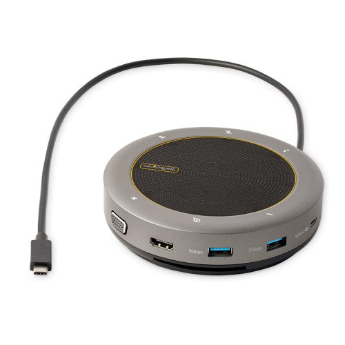 This USB Type-C Conference Speaker Mini Dock features a speakerphone, HDMI/VGA video output, USB-C PD pass-through/data, a USB-A x2 hub, a built-in USB-C host cable, and tap/touch buttons with LED indicators. It simplifies a workstation setup, converting any desk into a teleconferencing space. The dock features HDMI or VGA single-video output. It has 2 USB-A ports and a USB-C port with the option for Power Delivery (PD) pass-though.. The Conference Speaker Dock connects to the host device, using a built-in wraparound 22 in. (56 cm) USB-C host cable. Connect this host cable to a USB-C or Thunderbolt 3/4™ port.Unified Collaboration Platform CompatibilityThe Speakerphone Dock is optimized for use with Unified Communications (UC) platforms, such as Microsoft Teams, Zoom, Google Meet, etc. The dock features buttons that intuitively control functions within the UC platform:Call Button - Tap to receive and accept an incoming call.Hang up Button - Tap to disconnect from the current call or to reject an incoming call.+/- Volume Buttons - Tap to adjust the system volume.Mute Button - Tap to disable the built-in microphone.The dock is optimized for Microsoft Teams and fully compatible with other UC/softphone applications including Zoom, Skype, and Google Meet.Conference Speaker and Omnidirectional MicrophonesCapture voices from up to 7.5ft (2.3m) away, using the dual-omnidirectional microphones (100Hz to 10kHz) with echo cancellation and noise reduction. The microphones are ideal for capturing audio in mid-size meeting rooms (6-8 people) or from any location in a home office room. The speakers deliver 89dB (100Hz - 20kHz) distortion-free high-definition audio.Easy DeploymentThe speaker dock features docking station connectivity options in a quick-to-deploy format. Connect an HDMI or VGA enabled display device for single-video output. The HDMI video output supports resolutions up to 4K 60Hz. The VGA video output supports resolutions up to 1080p 60Hz.Power and charge the connected laptop by connecting the host computer's USB-C power adapter to the USB-C PD 3.0 pass-though port. Alternatively, power the speaker dock with bus power. In this configuration, the USB-C PD port can be used to connect a USB 3.2 Gen 1 (5Gbps) peripheral.The dock also features a built-in 22 in. (56 cm) cable to provide extended reach that reduces port/connector strain on 2-in-1 devices like the Surface Pro 7/8, or when used with laptops on a riser stand. The docking station supports Windows, macOS, and Chrome OS. Connect to Thunderbolt 3/4 and USB Type-C laptops from HP, Lenovo, Dell, and Apple.Compact and PortableIntegrated wrap-around cable management enables the cable to be tucked away to prevent tangling during transit. The small desktop foot print is ideal for hybrid travel use between the office, and work-from-home virtual meetings.This product is backed for 3-years by StarTech.com, including free lifetime 24/5 multi-lingual technical assistance.