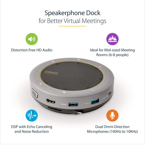 8ST10414930 | This USB Type-C Conference Speaker Mini Dock features a speakerphone, HDMI/VGA video output, USB-C PD pass-through/data, a USB-A x2 hub, a built-in USB-C host cable, and tap/touch buttons with LED indicators. It simplifies a workstation setup, converting any desk into a teleconferencing space. The dock features HDMI or VGA single-video output. It has 2 USB-A ports and a USB-C port with the option for Power Delivery (PD) pass-though.. The Conference Speaker Dock connects to the host device, using a built-in wraparound 22 in. (56 cm) USB-C host cable. Connect this host cable to a USB-C or Thunderbolt 3/4™ port.Unified Collaboration Platform CompatibilityThe Speakerphone Dock is optimized for use with Unified Communications (UC) platforms, such as Microsoft Teams, Zoom, Google Meet, etc. The dock features buttons that intuitively control functions within the UC platform:Call Button - Tap to receive and accept an incoming call.Hang up Button - Tap to disconnect from the current call or to reject an incoming call.+/- Volume Buttons - Tap to adjust the system volume.Mute Button - Tap to disable the built-in microphone.The dock is optimized for Microsoft Teams and fully compatible with other UC/softphone applications including Zoom, Skype, and Google Meet.Conference Speaker and Omnidirectional MicrophonesCapture voices from up to 7.5ft (2.3m) away, using the dual-omnidirectional microphones (100Hz to 10kHz) with echo cancellation and noise reduction. The microphones are ideal for capturing audio in mid-size meeting rooms (6-8 people) or from any location in a home office room. The speakers deliver 89dB (100Hz - 20kHz) distortion-free high-definition audio.Easy DeploymentThe speaker dock features docking station connectivity options in a quick-to-deploy format. Connect an HDMI or VGA enabled display device for single-video output. The HDMI video output supports resolutions up to 4K 60Hz. The VGA video output supports resolutions up to 1080p 60Hz.Power and charge the connected laptop by connecting the host computer's USB-C power adapter to the USB-C PD 3.0 pass-though port. Alternatively, power the speaker dock with bus power. In this configuration, the USB-C PD port can be used to connect a USB 3.2 Gen 1 (5Gbps) peripheral.The dock also features a built-in 22 in. (56 cm) cable to provide extended reach that reduces port/connector strain on 2-in-1 devices like the Surface Pro 7/8, or when used with laptops on a riser stand. The docking station supports Windows, macOS, and Chrome OS. Connect to Thunderbolt 3/4 and USB Type-C laptops from HP, Lenovo, Dell, and Apple.Compact and PortableIntegrated wrap-around cable management enables the cable to be tucked away to prevent tangling during transit. The small desktop foot print is ideal for hybrid travel use between the office, and work-from-home virtual meetings.This product is backed for 3-years by StarTech.com, including free lifetime 24/5 multi-lingual technical assistance.