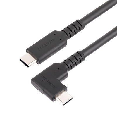 Connect USB 10 Gbps source and peripheral devices, using this 1.6ft (50cm) Rugged Right Angle USB Type-C Cable. Position the right angle USB-C connection along the device to reduce cable clutter and avoid prolonged strain from bending.It is ideal for 10 Gbps data transfer to external USB-C-enabled external storage devices, or as a single-cable connection from a USB-C dock to a laptop.The Rugged USB-C cable supports up to 4K 60Hz video over DisplayPort 1.2 Alt Mode, and is compatible with 1080p and lower resolutions.Designed to withstand heavy use, the USB-C cable features an Aramid fibre core and durable TPE outer jacket. This heavy-duty construction protects against fraying or breakage and resists tangling.This USB Type-C cable features Power Delivery (PD) 3.0 with up to 100W PD output. Power and charge a USB-C laptop, such as Apple MacBook, Lenovo ThinkPad, or Microsoft Surface with up to 100W output over USB Power Delivery 3.0. Connect the USB-C cable from a laptop to a USB-C wall charger or docking station.