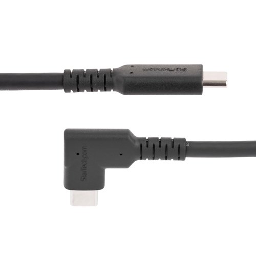 Connect USB 10 Gbps source and peripheral devices, using this 1.6ft (50cm) Rugged Right Angle USB Type-C Cable. Position the right angle USB-C connection along the device to reduce cable clutter and avoid prolonged strain from bending.It is ideal for 10 Gbps data transfer to external USB-C-enabled external storage devices, or as a single-cable connection from a USB-C dock to a laptop.The Rugged USB-C cable supports up to 4K 60Hz video over DisplayPort 1.2 Alt Mode, and is compatible with 1080p and lower resolutions.Designed to withstand heavy use, the USB-C cable features an Aramid fibre core and durable TPE outer jacket. This heavy-duty construction protects against fraying or breakage and resists tangling.This USB Type-C cable features Power Delivery (PD) 3.0 with up to 100W PD output. Power and charge a USB-C laptop, such as Apple MacBook, Lenovo ThinkPad, or Microsoft Surface with up to 100W output over USB Power Delivery 3.0. Connect the USB-C cable from a laptop to a USB-C wall charger or docking station.