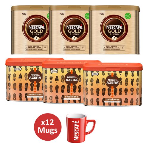 Nescafe 3 tins of Gold Blend Coffee 750g and 3 tins of Azera Barista Style Coffee 500g Plus 12 Free Nescafe Red Mugs
