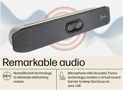 8PO83Z46AAABU | Give everyone in hybrid meetings an equal seat at the virtual table using a choice of framing modes with Poly DirectorAI smart camera technology.No one looks their best with pixilated video. Enjoy richer, more life-like meeting experiences with 4K UltraHD video.Outside noise and side conversations can quickly derail a hybrid meeting. Keep background noise in check with Poly NoiseBlockAI and Acoustic Fence technologies.Make communicating effortless for everyone on the call, with a next-generation beamforming microphone array that clearly picks up all voices in a room.Give everyone the confidence that comes from knowing they can connect to any cloud video service easily — with no PC needed. Join any meeting with H.323 and SIP support for connecting to any standards-based video conference.The TC8 touch interface lets you launch, join, and share in an instant while keeping your focus on the task at hand. Its sleek design features an 8” high-resolution touch display to make control options clear and accessible.