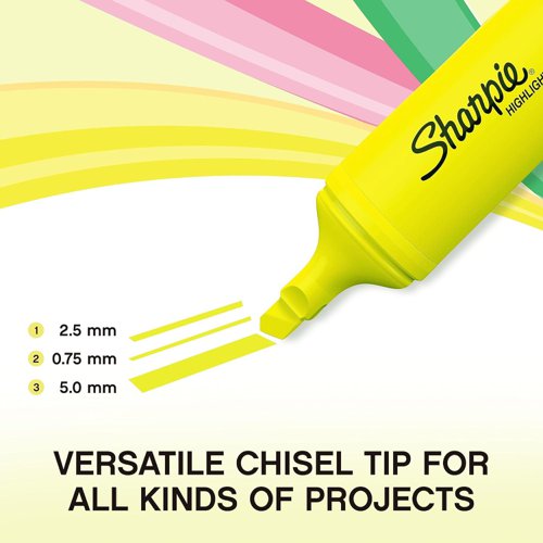 The Sharpie Pocket Accent Fluo XL utilises its innovative, 3- 3-blade-style tip to deliver precise highlighting with the ability to select different line widths. Its Smear Guard® ink technology resists the smearing of many pen and marker inks. Ideal for students and office workers who appreciate a convenient and resistant range for everyday use.Designed with a durable blocked tip ideal for intensive usage, and a strong tip that is resistant to crushing. The clip cap is easy to clip to either a pocket or folder, The fluorescent ink colours are dye-based and are fade-resistant for longer colour intensity.