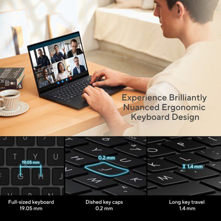 8AS10387244 | The powerful and compact Zenbook 14 OLED is slim and light, with a breathtaking design that’s timelessly elegant yet totally modern. You’ll experience perfect visuals from the expansive NanoEdge touchscreen and a colour-accurate screen that’s PANTONE® Validated. The Intel® Core™ Processor, Intel Iris® Xe graphics, RAM and SSD deliver superb performance, and there’s a long-lasting 75 Wh battery. For extraordinary sound, there’s a Dolby Atmos sound system powered by a smart amplifier. The user-centric design includes one-touch login with a fingerprint sensor on the power button and the new ASUS ErgoSense keyboard. The bold new lid design is inspired by timeless Kintsugi craftsmanship. Zenbook 14 OLED is the new benchmark for portable perfection.