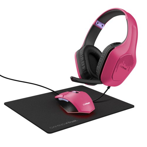 Trust GXT 790P Tridox 3in1 Bundle Pink Zirox Wired 3.5mm Headset Felox 6400 DPI Wired Mouse and Mousepad Trust International