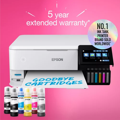 8EPC11CJ20401CE | A printer for the modern user, the EcoTank ET-8500 allows you to print, scan, and more directly from your phone or tablet using the Epson Smart Panel app, or print from SD cards and USB flash drives through the 10.9cm colour touchscreen. With full Wi-Fi, Wi-Fi Direct, and Ethernet connectivity, integrating this printer with your existing home set-up will be a breeze!The Epson Claria ET Premium inks produce high-quality, long-lasting, borderless photos up to A4 size. The photo black and new photo grey ink makes it easy to achieve outstanding black and white photos, while the pigment black ink ensures sharp text when printing double-sided documents on plain paperPrint up to 2,300 high-quality photos with one set of ink bottles.With our forward-thinking Micro Piezo heat-free technology, you can enjoy consistent high-speed printing, with greatly reduced energy consumption and less need for replacement parts. Save yourself time and money, while saving the planet too!