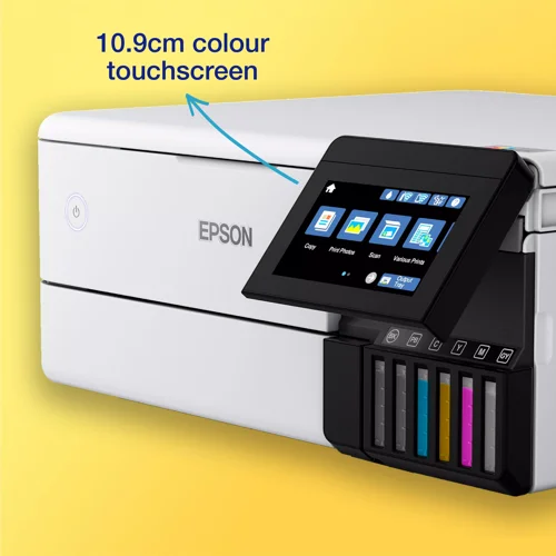 8EPC11CJ20401CE | A printer for the modern user, the EcoTank ET-8500 allows you to print, scan, and more directly from your phone or tablet using the Epson Smart Panel app, or print from SD cards and USB flash drives through the 10.9cm colour touchscreen. With full Wi-Fi, Wi-Fi Direct, and Ethernet connectivity, integrating this printer with your existing home set-up will be a breeze!The Epson Claria ET Premium inks produce high-quality, long-lasting, borderless photos up to A4 size. The photo black and new photo grey ink makes it easy to achieve outstanding black and white photos, while the pigment black ink ensures sharp text when printing double-sided documents on plain paperPrint up to 2,300 high-quality photos with one set of ink bottles.With our forward-thinking Micro Piezo heat-free technology, you can enjoy consistent high-speed printing, with greatly reduced energy consumption and less need for replacement parts. Save yourself time and money, while saving the planet too!