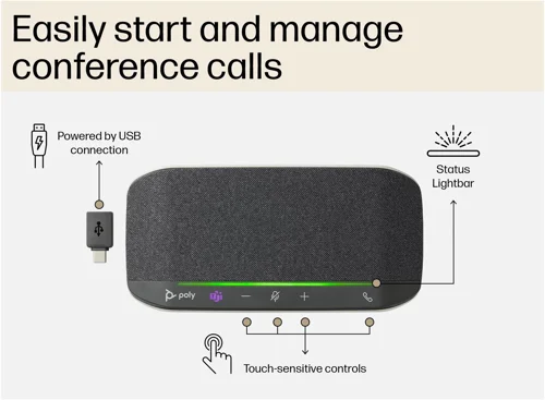 8PO77P34AA | Turn your home office into a conference room. The all-in-one Poly Sync 10 USB speakerphone delivers high-quality audio that’s great for voice and music. Its two-microphone array reduces surrounding noise for better conference calls.User-friendly, worry-free operation for the confidence of knowing your calls will go smoothly. Easy-to-use touch-sensitive controls, clear LED indicators, and clear, bright call status light bar.Dynamic audio that makes conference calls seamless and clear. A two-microphone array keeps surrounding noise out of your call. And full-duplex audio enables simultaneous conversations so everyone on the call can be heard.Durable and space saving, this IP64 dust- and water-resistant speakerphone fits your workstyle. Use your favourite collaboration apps without hassle and free up table space with its slim, dynamic design.