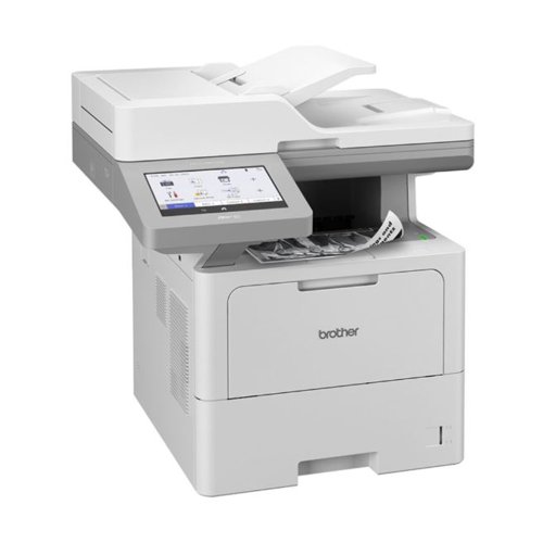 BA21725 | Brother MFC-L6915DN All-in-1 Mono Laser Printer comes with a flexible suite of security features and solutions that can be tailored to your business. Includes Near Field Communications (NCF)/card reader support. Connectivity: Hi-Speed USB 2.0, USB 2.0 host (rear), Wired network Gigabit ethernet and mobile devices. Print resolution of up to 1200 x 1200 dpi. 50 ppm 1-sided/24 spm 2-sided (mono). Copy functions include Multi-copying/stack/sort, enlargement/reduction ratio, 2 in 1 ID copying, N in 1 copying, allowing 2 or 4 pages on a single A4 sheet, Receipt copying for clearer copies and copy interrupt. CIS scanner for colour and mono scanning with a scan resolution from ADF of 600 x 600 dpi, with scan resolution from scanner glass (A4) of 1200 x 1200 dpi. Scan speed 1-sided: 50 ipm mono/30 ipm colour. Fax with fax modem 33,600 bps (Super G3). Greyscale: 256 shades of grey, broadcasting the same fax message up to 350 locations, memory transmission of up to 500 pages. A 520 sheet standard paper input tray, with a 100 sheet multi-purpose tray and 80 sheet automatic document feeder (ADF). With an 17.8cm colour touchscreen LCD control panel. Supplied with in-box ultra high yield black toner. With a recommended monthly duty cycle of up to 16,000 pages. Dimensions: 495 x 495 x 518mm.