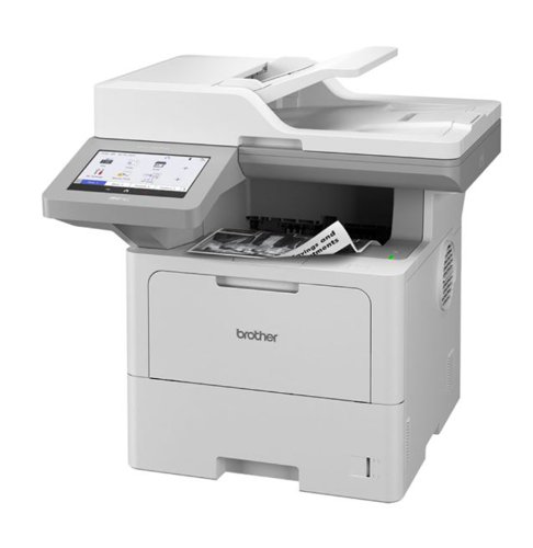 Brother MFC-L6915DN All-in-1 Mono Laser Printer comes with a flexible suite of security features and solutions that can be tailored to your business. Includes Near Field Communications (NCF)/card reader support. Connectivity: Hi-Speed USB 2.0, USB 2.0 host (rear), Wired network Gigabit ethernet and mobile devices. Print resolution of up to 1200 x 1200 dpi. 50 ppm 1-sided/24 spm 2-sided (mono). Copy functions include Multi-copying/stack/sort, enlargement/reduction ratio, 2 in 1 ID copying, N in 1 copying, allowing 2 or 4 pages on a single A4 sheet, Receipt copying for clearer copies and copy interrupt. CIS scanner for colour and mono scanning with a scan resolution from ADF of 600 x 600 dpi, with scan resolution from scanner glass (A4) of 1200 x 1200 dpi. Scan speed 1-sided: 50 ipm mono/30 ipm colour. Fax with fax modem 33,600 bps (Super G3). Greyscale: 256 shades of grey, broadcasting the same fax message up to 350 locations, memory transmission of up to 500 pages. A 520 sheet standard paper input tray, with a 100 sheet multi-purpose tray and 80 sheet automatic document feeder (ADF). With an 17.8cm colour touchscreen LCD control panel. Supplied with in-box ultra high yield black toner. With a recommended monthly duty cycle of up to 16,000 pages. Dimensions: 495 x 495 x 518mm.