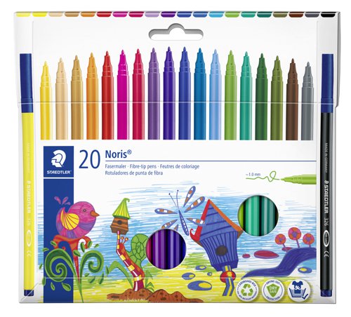 Cardboard box containing 20 fibre-tip pens Noris 326 in assorted colours.